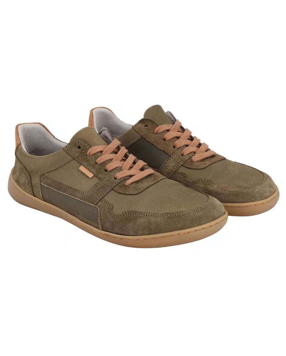 Herren Barfußschuhe aus Leder, Minimalschuhe mit Zehenfreiheit, Bequeme Barfuß Halbschuhe für Alltag & Outdoor, Olivgrün, Made in Portugal