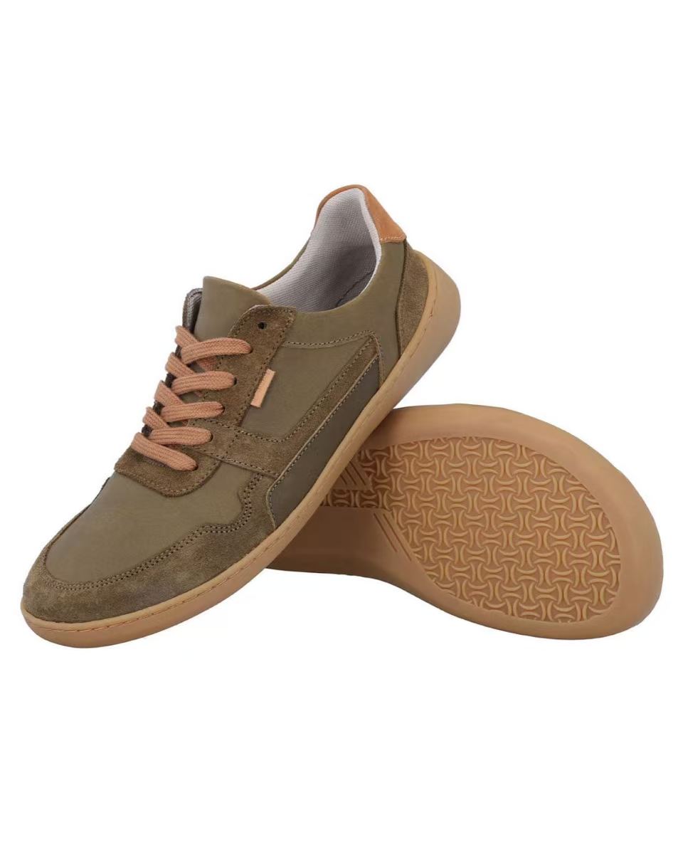 Herren Barfußschuhe aus Leder, Minimalschuhe mit Zehenfreiheit, Bequeme Barfuß Halbschuhe für Alltag & Outdoor, Olivgrün, Made in Portugal