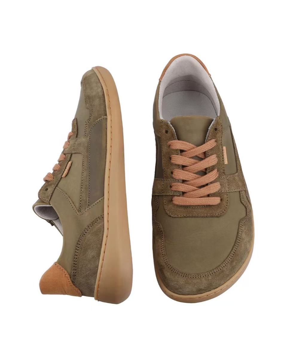 Herren Barfußschuhe aus Leder, Minimalschuhe mit Zehenfreiheit, Bequeme Barfuß Halbschuhe für Alltag & Outdoor, Olivgrün, Made in Portugal