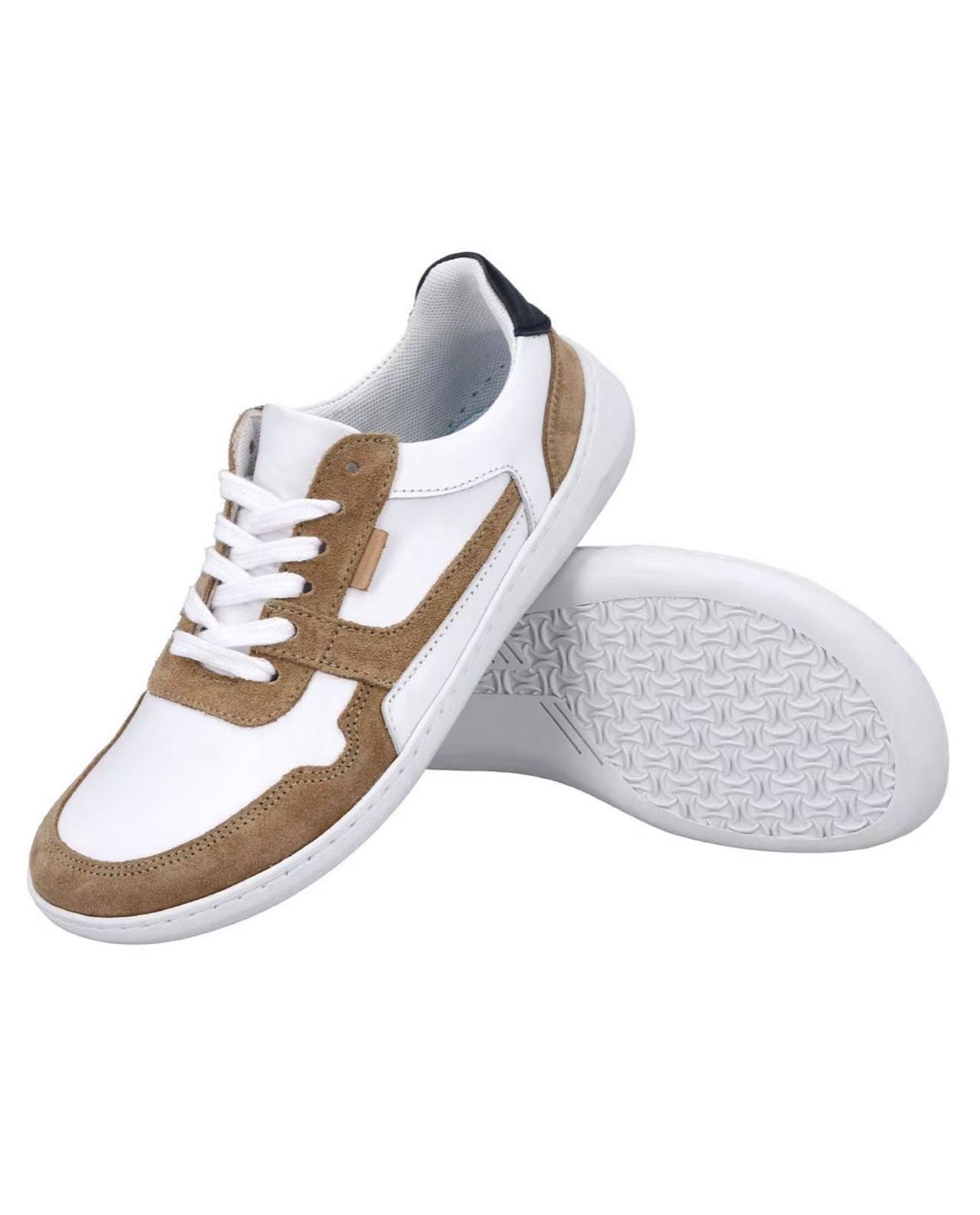 Herren Barfußschuhe aus Leder, Minimalschuhe mit Zehenfreiheit, Bequeme Barfuß Halbschuhe für Alltag & Outdoor, Weiß-Braun, Made in Portugal