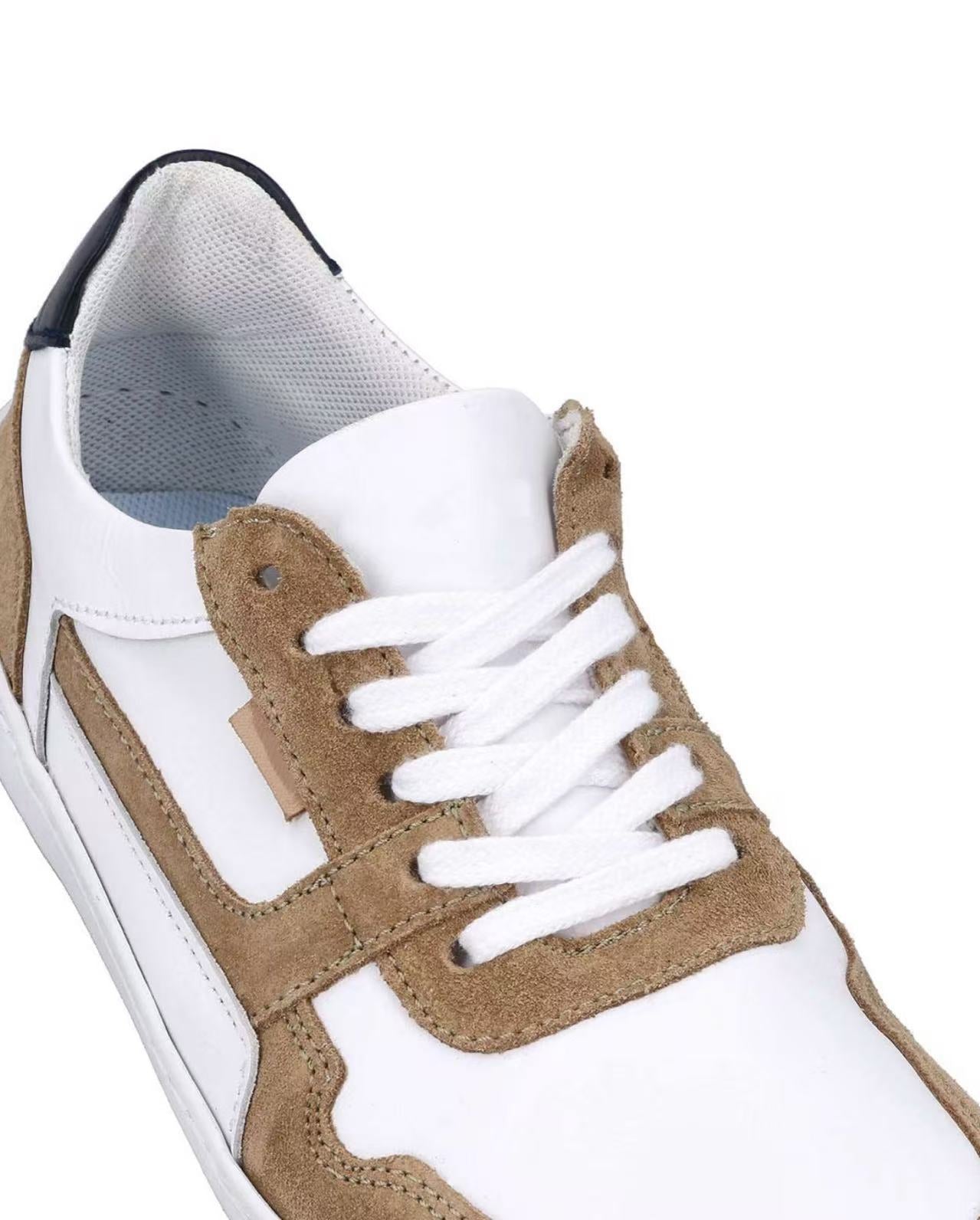 Herren Barfußschuhe aus Leder, Minimalschuhe mit Zehenfreiheit, Bequeme Barfuß Halbschuhe für Alltag & Outdoor, Weiß-Braun, Made in Portugal