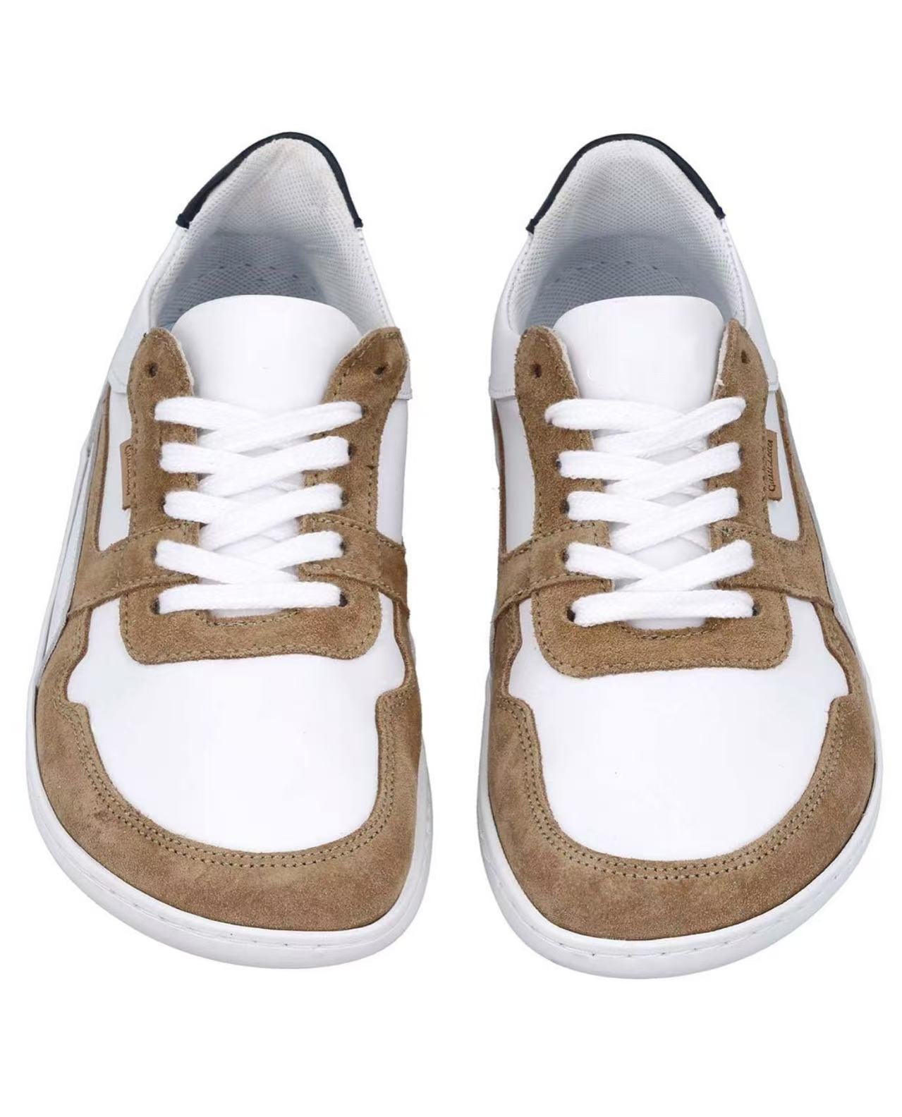 Herren Barfußschuhe aus Leder, Minimalschuhe mit Zehenfreiheit, Bequeme Barfuß Halbschuhe für Alltag & Outdoor, Weiß-Braun, Made in Portugal