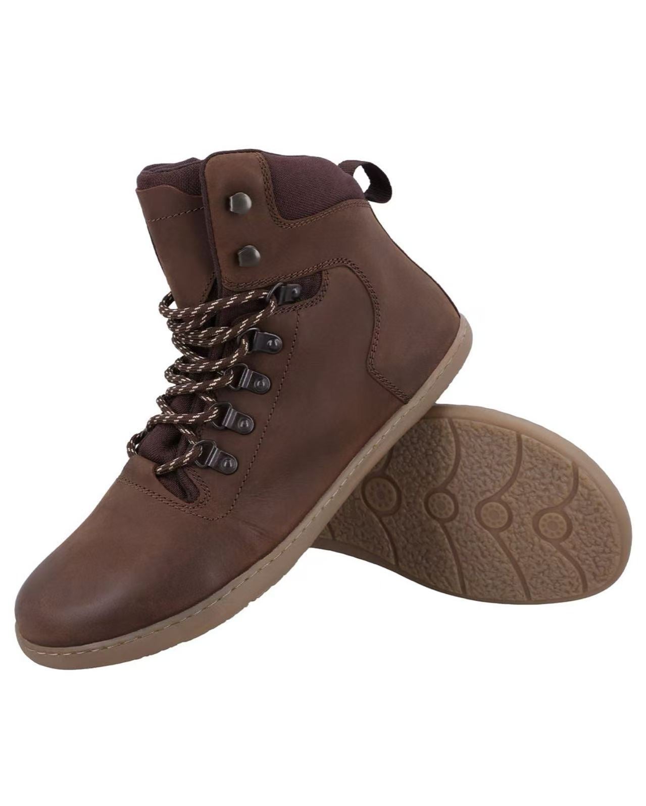 Herren Barfußschuhe Stiefelette mit spezieller Schnürung, Minimalschuhe mit Zehenfreiheit, Barfuß Boots für Alltag & Outdoor, Braun