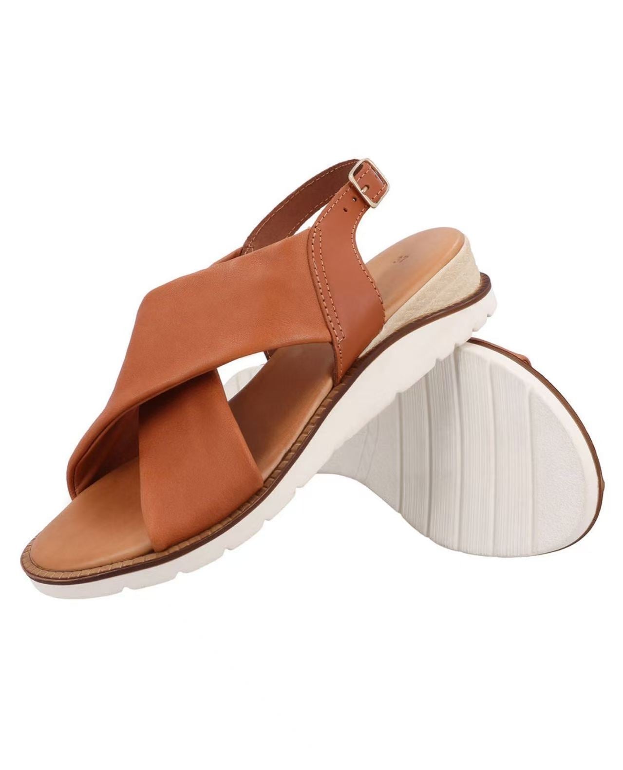 Damen Ledersandalen mit Riemen & leicht erhöhter Sohle, Bequeme Sommer Sandalen mit Keilabsatz, Elegante Sommerschuhe für Alltag & Strand, Orange