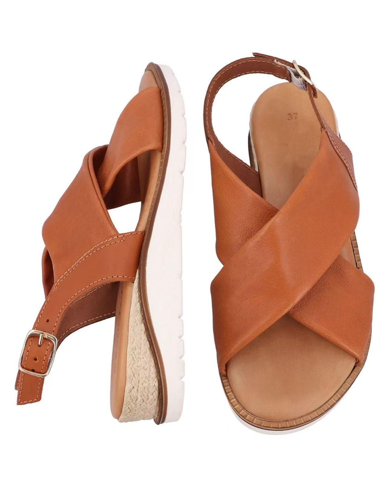 Damen Ledersandalen mit Riemen & leicht erhöhter Sohle, Bequeme Sommer Sandalen mit Keilabsatz, Elegante Sommerschuhe für Alltag & Strand, Orange