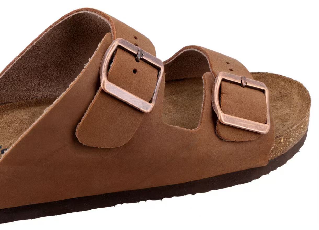 Herren Sandalen aus Leder mit Kork-Fußbett, Bequeme Ledersandalen mit EVA-Sohle, Anatomische Pantoletten für Sommer & Alltag, Braun