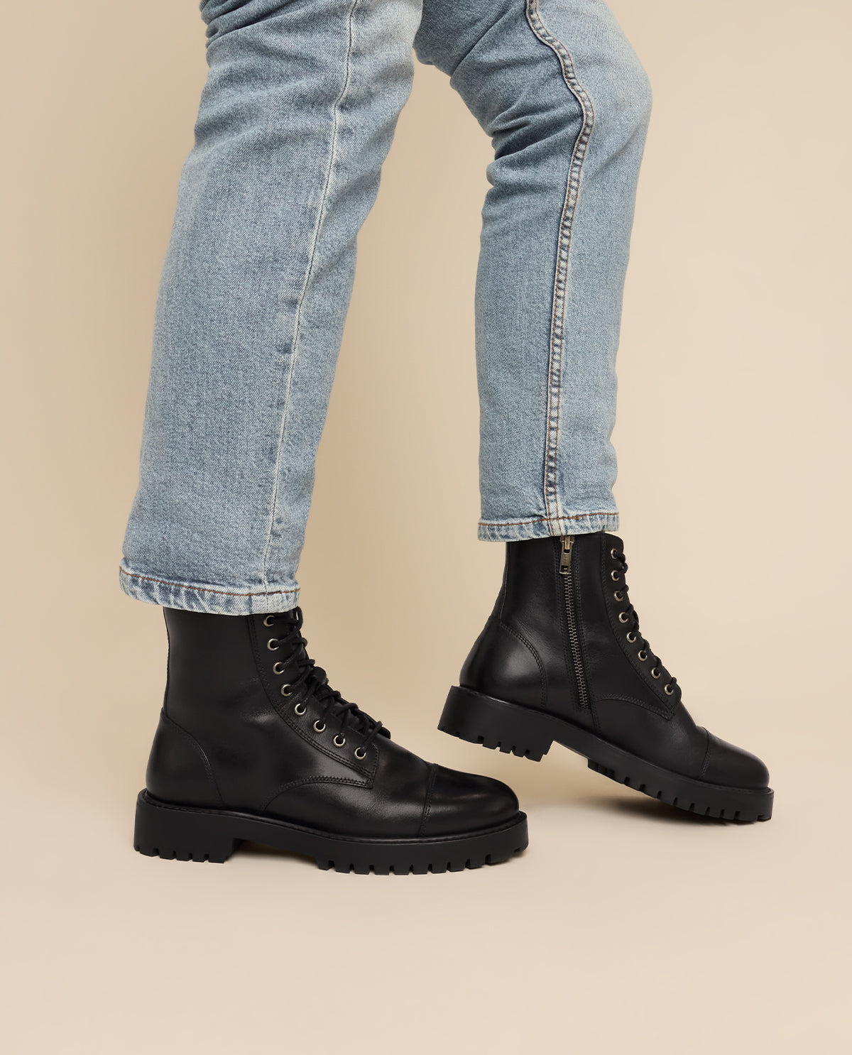 Damen Lederstiefelette mit Schnürung & Reißverschluss, Echtleder Boots, Elegante Business Stiefeletten für Herbst & Winter, Schwarz