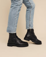 Damen Lederstiefelette mit Schnürung & Reißverschluss, Echtleder Boots, Elegante Business Stiefeletten für Herbst & Winter, Schwarz