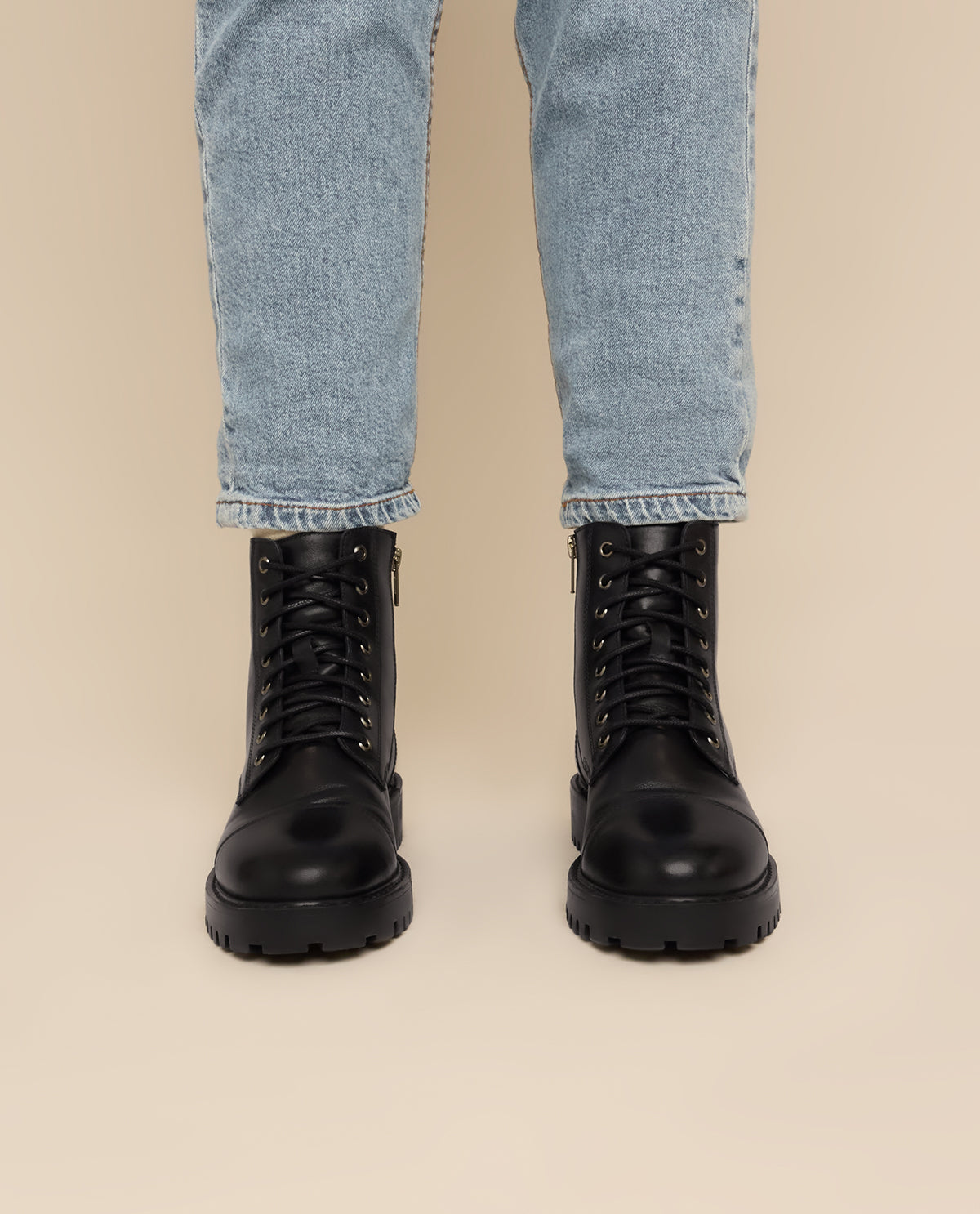 Damen Lederstiefelette mit Schnürung & Reißverschluss, Echtleder Boots, Elegante Business Stiefeletten für Herbst & Winter, Schwarz
