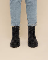 Damen Lederstiefelette mit Schnürung & Reißverschluss, Echtleder Boots, Elegante Business Stiefeletten für Herbst & Winter, Schwarz