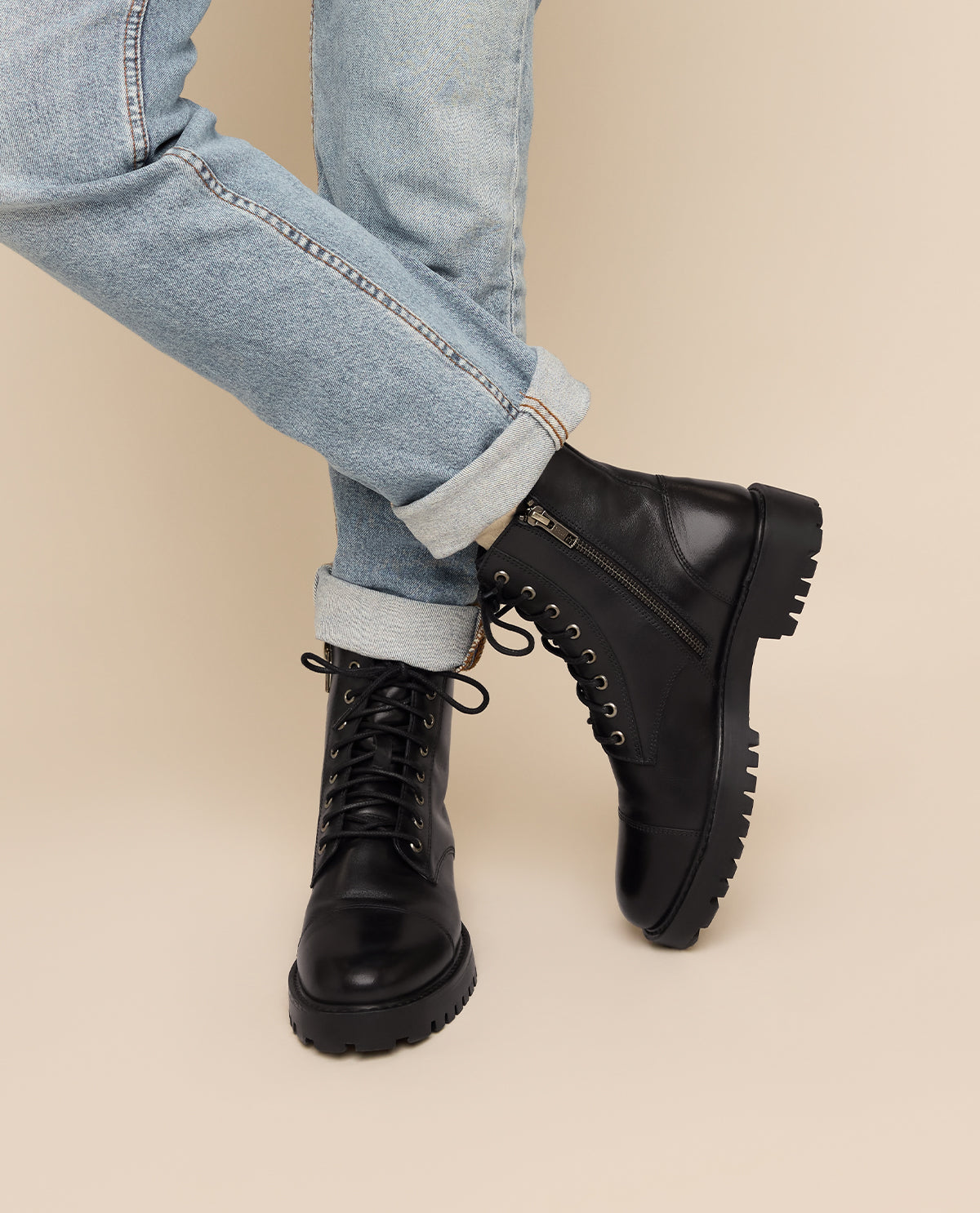 Damen Lederstiefelette mit Schnürung & Reißverschluss, Echtleder Boots, Elegante Business Stiefeletten für Herbst & Winter, Schwarz